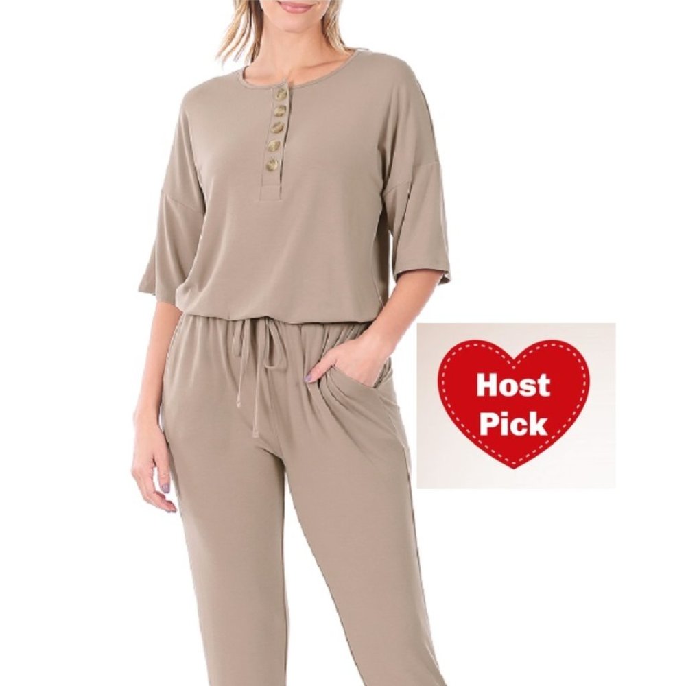 Women's Matching Outfit Travel Casual Jumpsuit Short Sleeve Elastic Waist Mocha